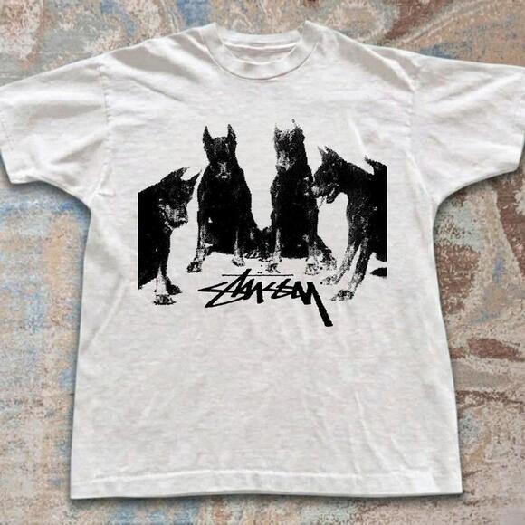 Other - Stussy White Graphic Tee With Black Dogs